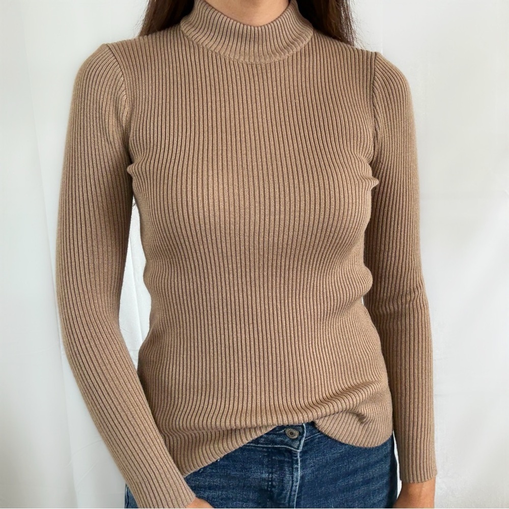 Vintage ribbed turtle mock neck top blouse long sleeve brown tan medium small